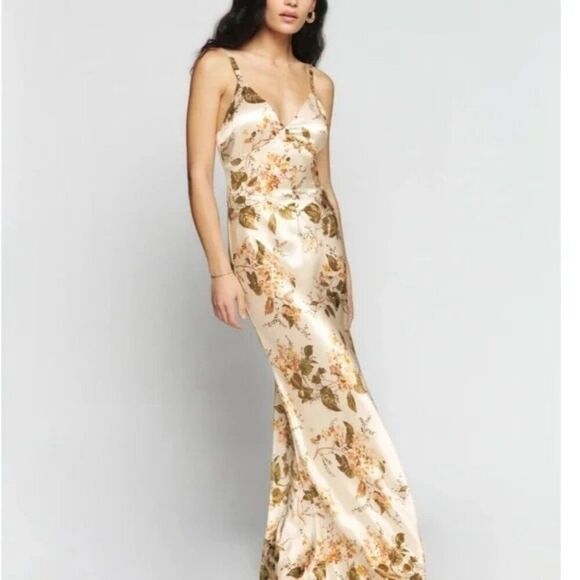 Reformation Esa Silk Dress Size 8 Bella Tan Floral Maxi V Neck Gown - Picture 3 of 10
